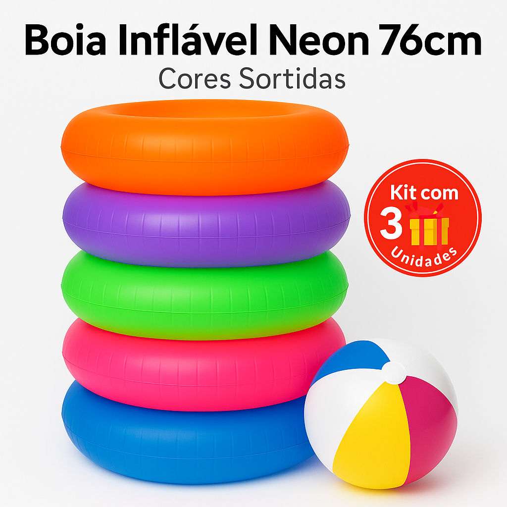 KIT 3 BOIAS INFLÁVEIS NEON 76CM + BRINDE BOLA TRANSPARENTE 40CM em Oferta na Shopee