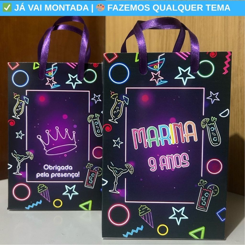 Sacolinha Surpresa Personalizada Neon Roxo Festa Infantil | Lembrancinha Aniversário Criança Temas