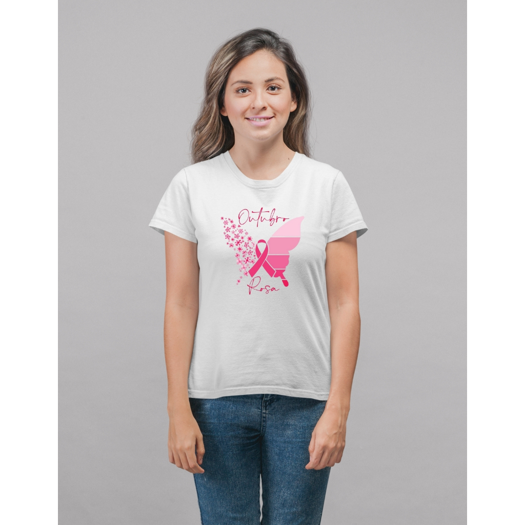 Camiseta Outubro Rosa Feminina Asa com Laço Rosa Solidário