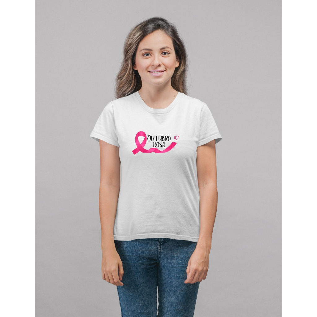 Camiseta Outubro Rosa Feminina Laço Rosa Prevenção e Esperança Amor e Vida