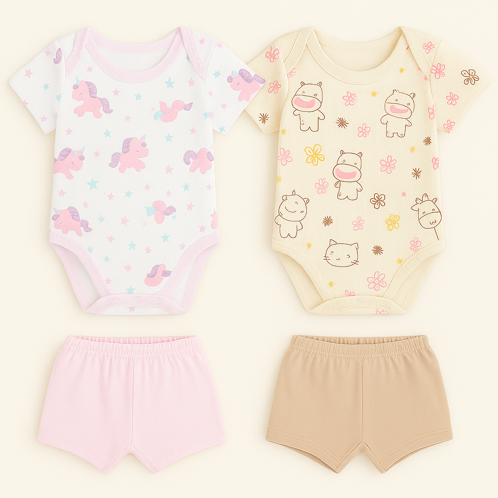 Kit 4 Peças Infantil Bebê Menina ou Menino - 2 Body (Manga curta, regata) + 2 Shorts sortidos 100% algodão