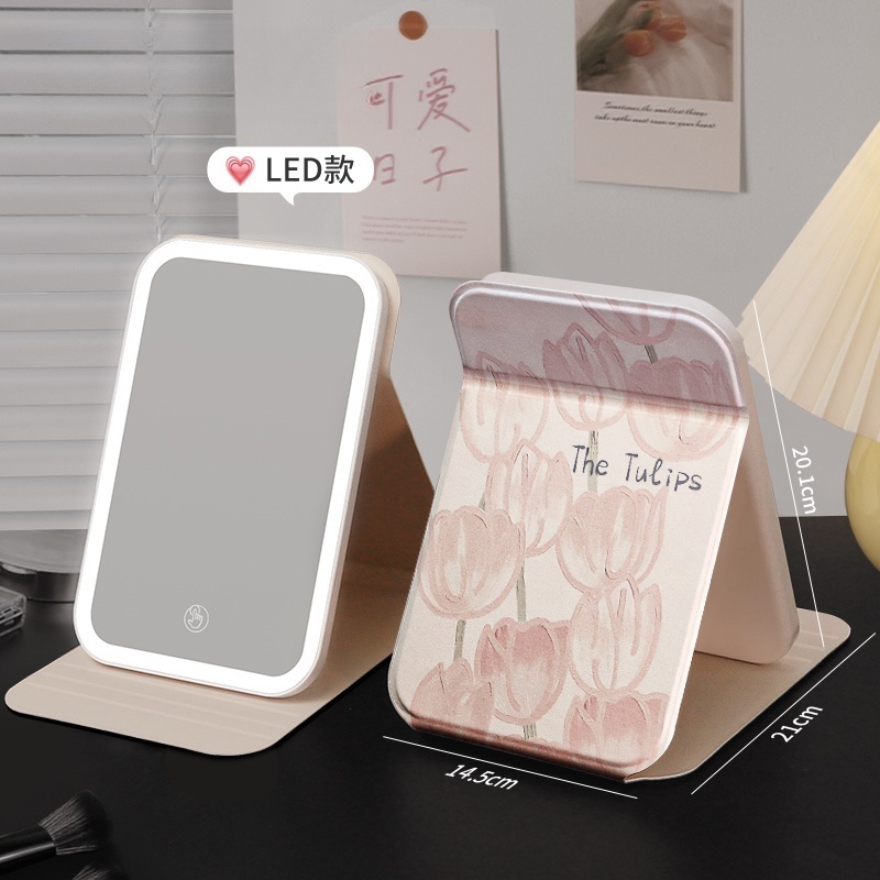 Espelho Decorativo Led Maquiagem Estética Recarregável Quadrado Capa De Couro Portátil Dobráve 025-033/034/035