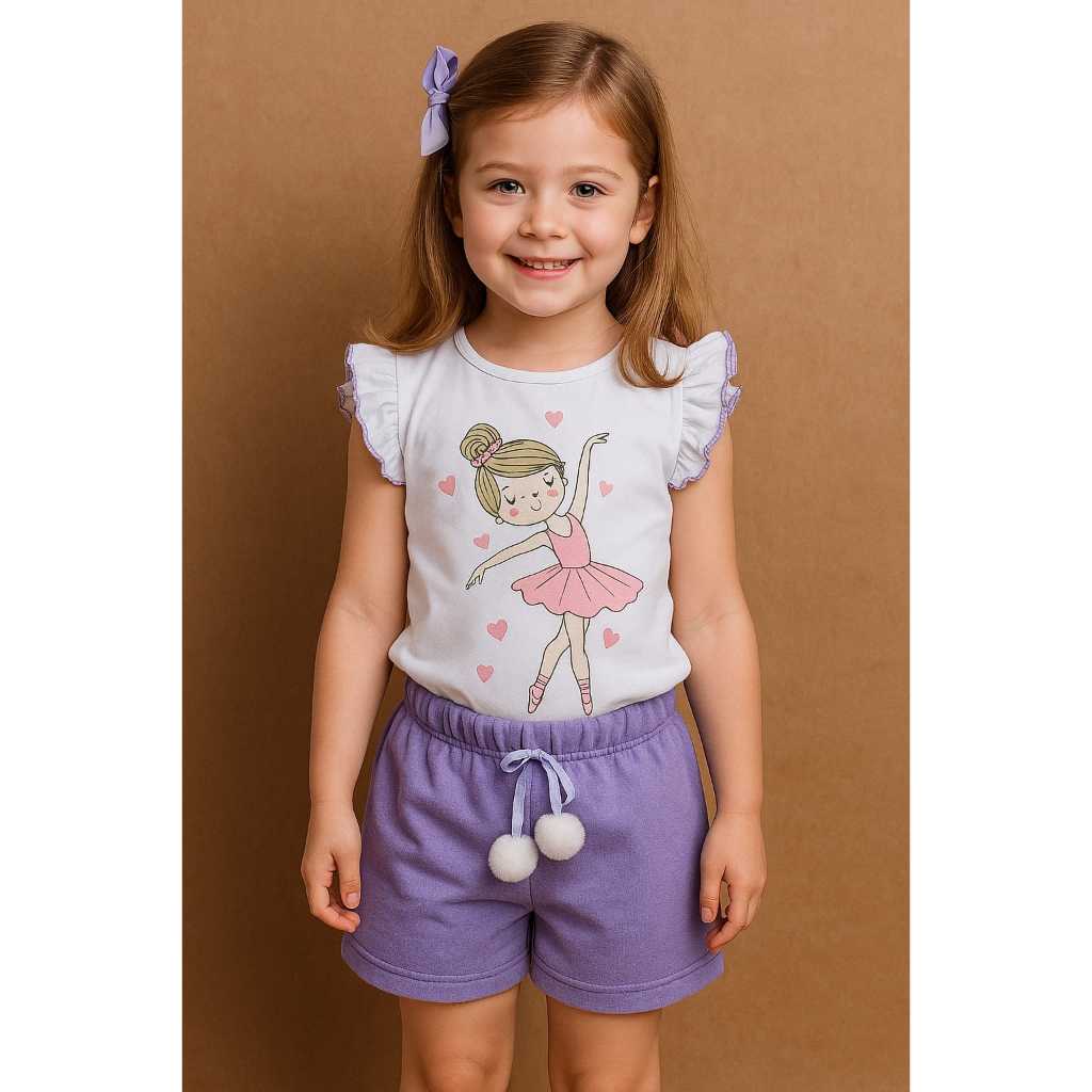 Conjunto de verão infantil menina .Blusa com manga franzida +Bermuda com pompom 2 ao 10 anos em Oferta na Shopee