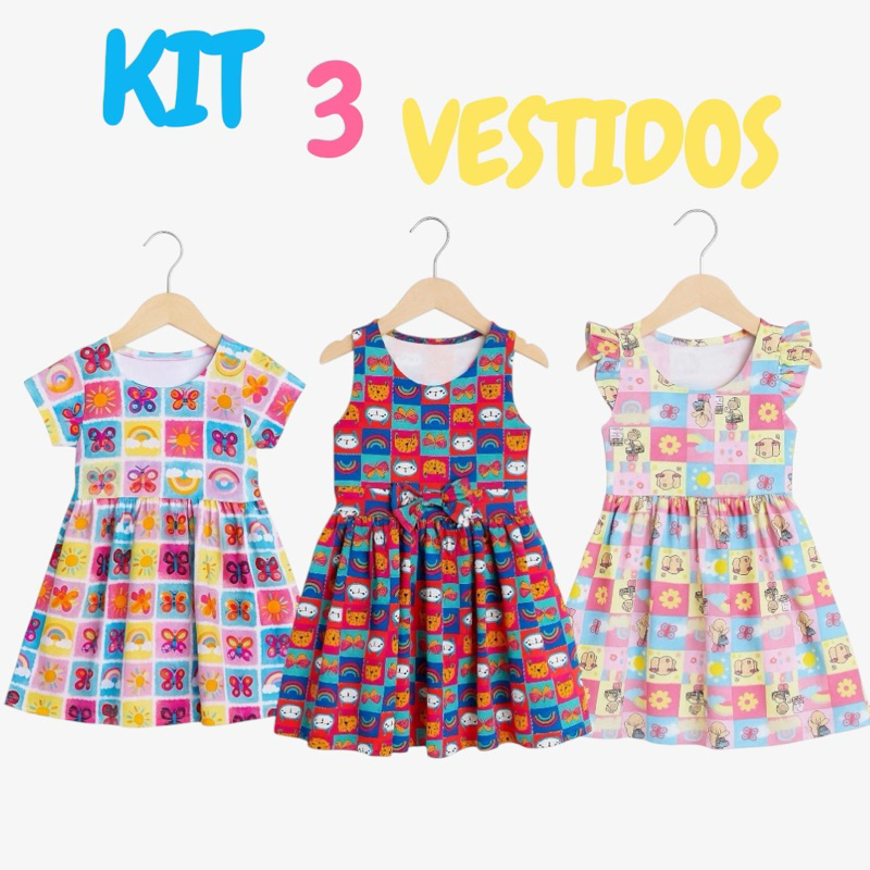 Kit 3 Vestidos Infantil Menina Verão dia a dia – Estampado Colorido e Confortável