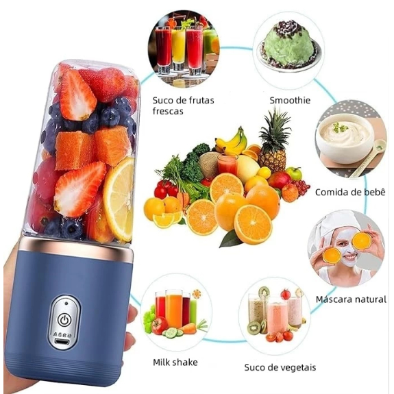 Mini Liquidificador Portátil Shake 6 Lâminas 400ML Espremedores Recarregável Espremedor Elétrico