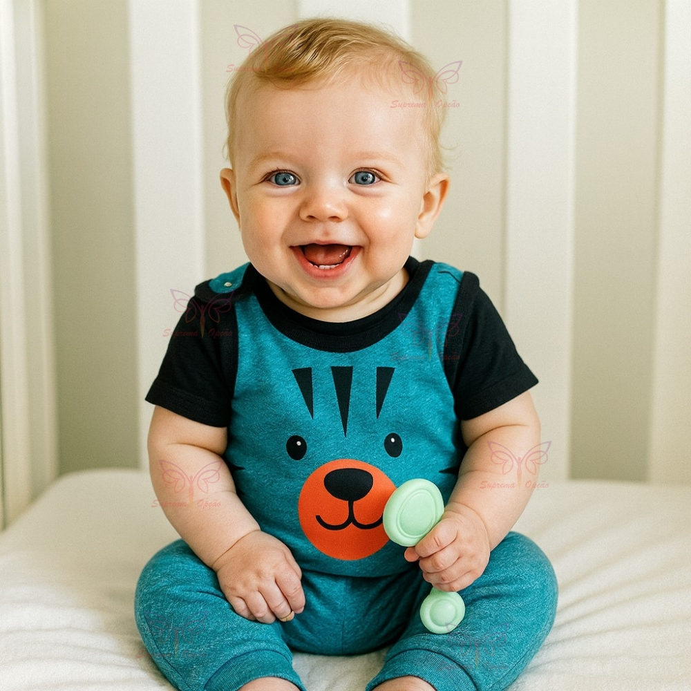 Conjunto Macacão + Camisa Jardineira Urso Bebe Menino Vira Pé Temático Tam RN a 03 Meses