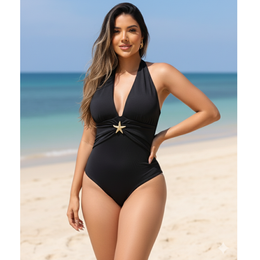 Maiô Body Feminino Liso Disfarça Barriga Afina Cintura Estrela Decote Premium