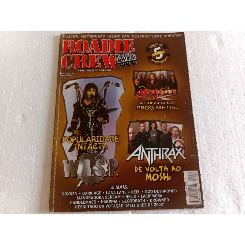 revista roadie crew número 50 março de 2003 wasp symphony X anthrax pôster motorhead ótimo estado páginas e capa