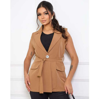 Colete Feminino Longo Alfaiataria com Cinto  Elegante Social em Oferta na Shopee