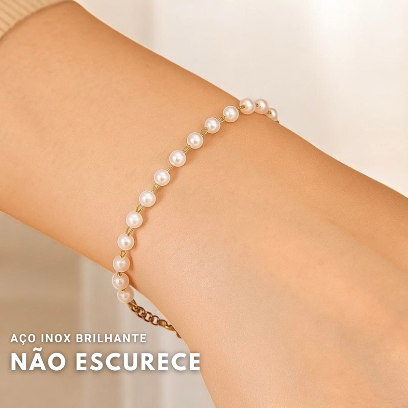 Pulseira de Pérolas Dourado Choker Feminino Elegante Aço Inoxidável Hipoalergênico Delicado Não Escurece Aço Inox