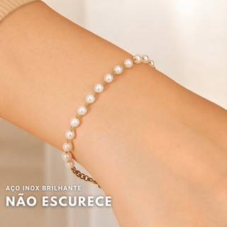 Pulseira de Pérolas Dourado Choker Feminino Elegante Aço Inoxidável Hipoalergênico Delicado Não Escurece Aço Inox