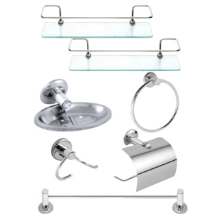 Kit Acessórios 5 Peças Completo Banheiro Inox + 2 Porta Shampoo Prateleira Suporte Reto Vidro Incolor Organizador em Oferta na Shopee