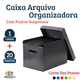 Caixa Organizadora Plástica de Arquivo Pasta Suspensa Preta A4 Com Tampa Kit 1 Caixa + 20 Pastas Diversas Cores em Oferta na Shopee
