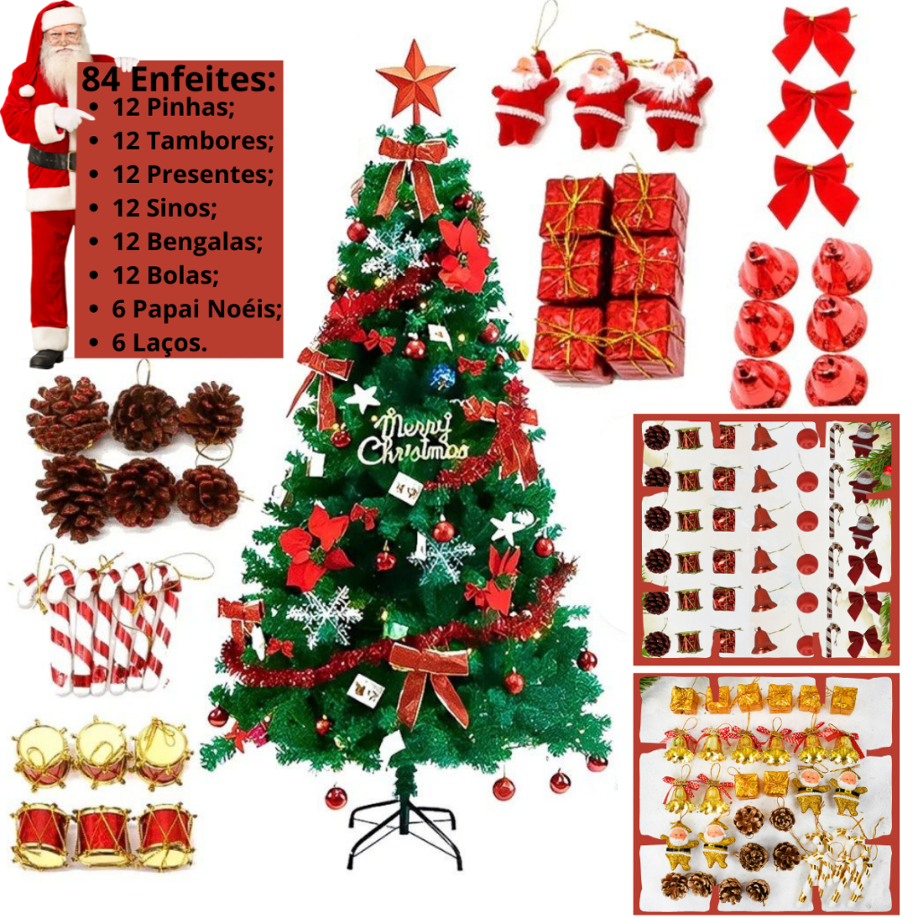 Kit 84 Enfeites de Natal Pendentes Premium Decoração Árvore Natal Bolinhas Presentes