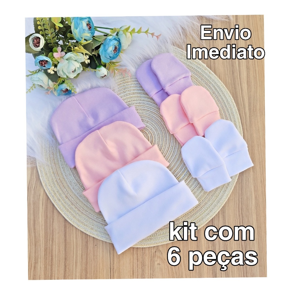 Kit 3 Touca e 3 Luva Para Bebê Recém Nascido 100% Algodão Antialérgico Maternidade Enxoval Gestante