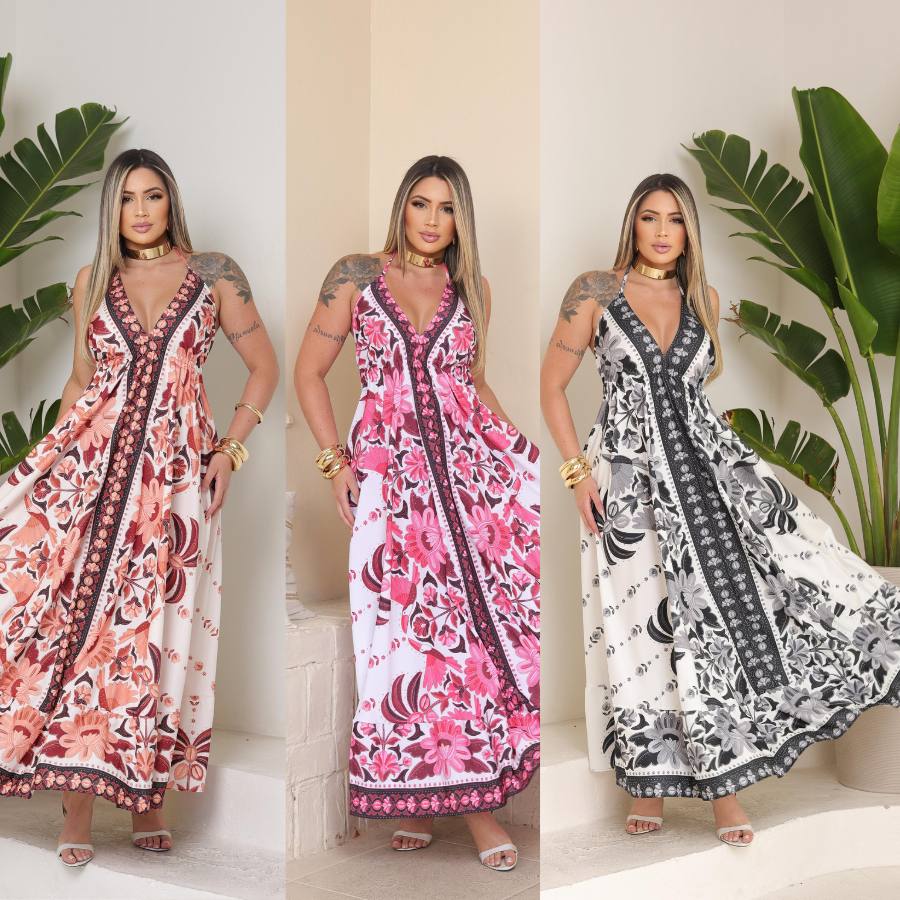 Vestido Longo Modelo Indiano Feminino Frente Unica Costa Nua Novidade Tecido Crepe Estampado