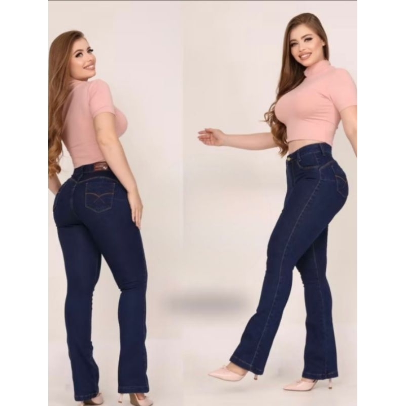 calça flare jeans escura feminina com laycra wissam jeans