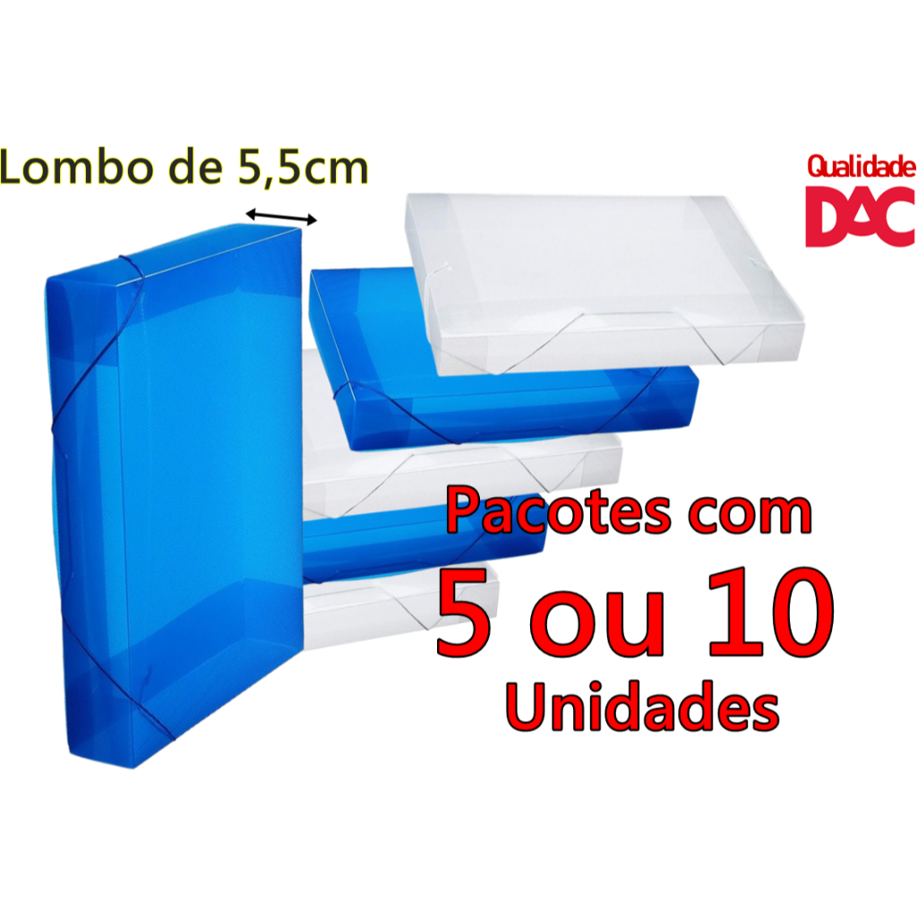 Kit 5 ou 10 Pastas Aba Elástica Ofício com Lombo de 5,5cm 55mm Azul Transparente Cristal Line 505PP DAC em Oferta na Shopee