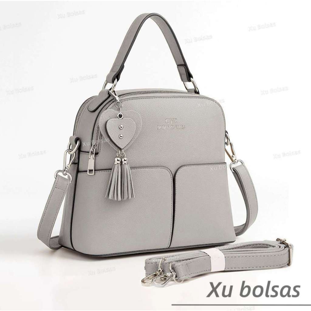 Bolsa Feminina Com Chaveiro Coração e 2 Alças Transversais Vira Mochila De Couro Faixa De Mão CYC3261#