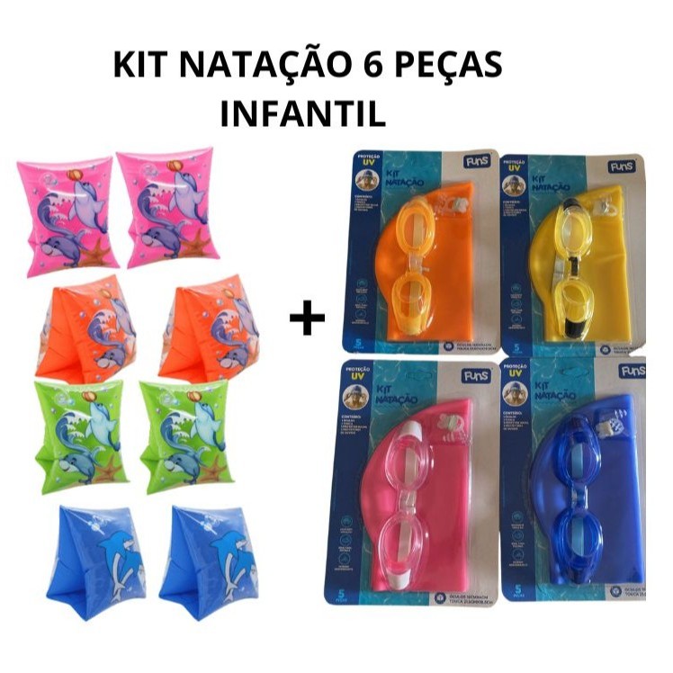 Kit de Natação Infantil Completo com Touca Óculos com Protetor de Ouvido/Nariz + Boia de Braço em Oferta na Shopee
