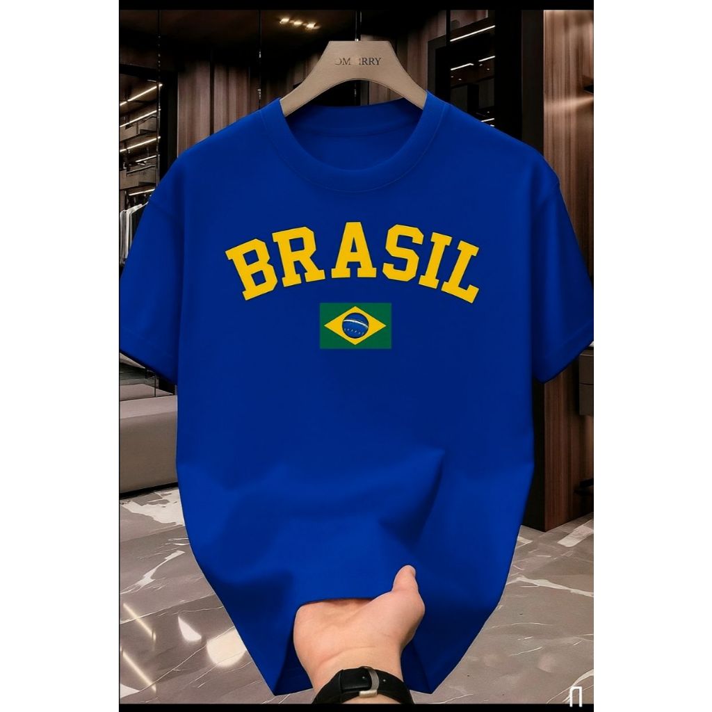Camiseta casual masculina com logotipo da bandeira do Brasil, preta, de algodão, manga curta, gola redonda, camiseta reg