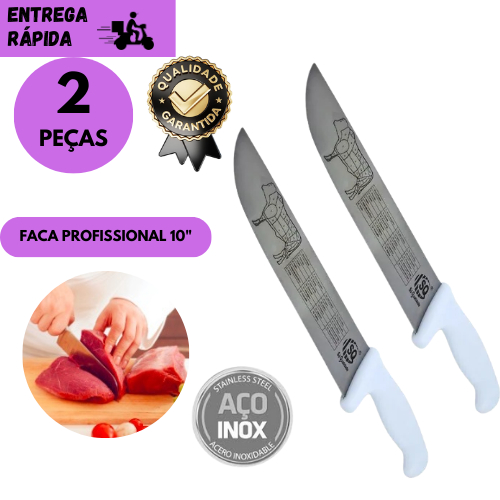 Kits 2 ou 1 Faca Churrasqueiro Profissional 10” Inox Cabo Branco Premium Corte Carnes Cozinha BBQ