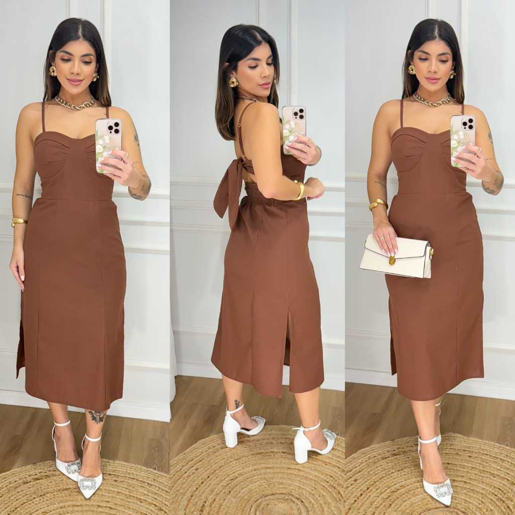 "Vestido Midi Feminino Elegante com Fendas e Alças Reguláveis - Moda Verão Tendência 2025 S01 em Oferta na Shopee