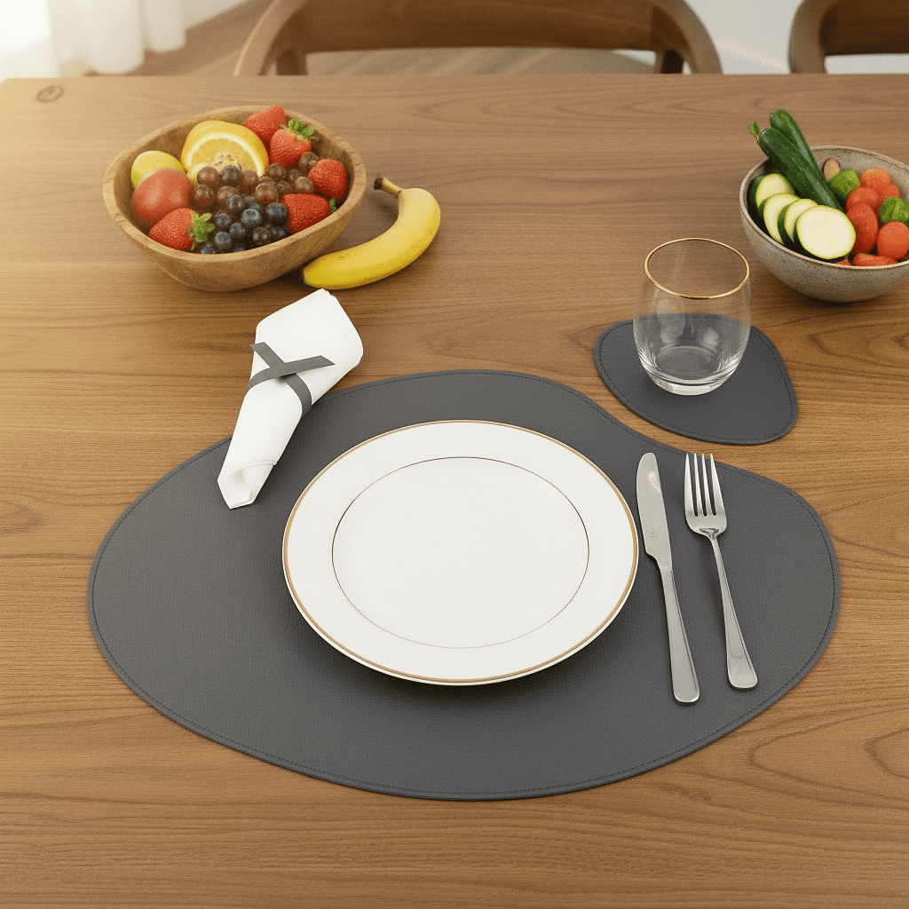 Jogo Americano Sousplat de Couro Sintético com Porta Copo para Mesa Posta Premium