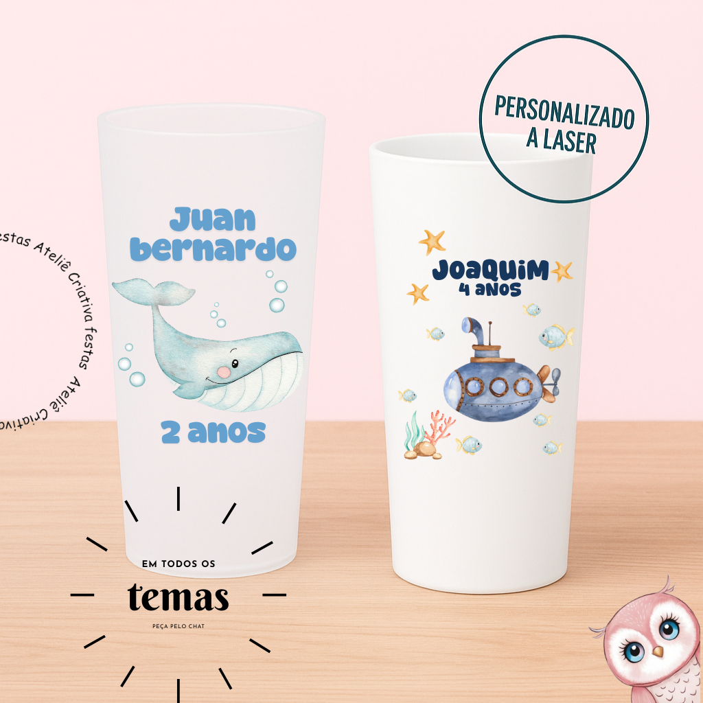 Kit de Copos Long Drink Personalizado Fundo do Mar Aquarelado Menino Lembrancinha Festa Infantil Chá de Bebê Aniversário