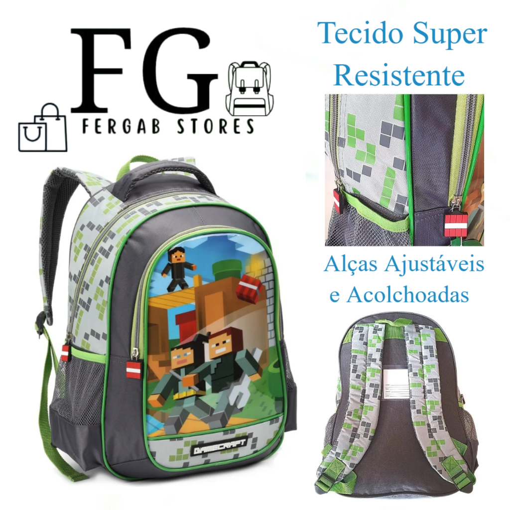 Mochila Costas Mini Infantil Masculina Game Minicraft Tnt Aventureiros Cor cinza