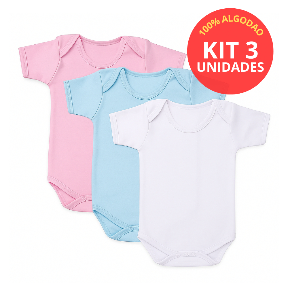 Kit 3 Body Bebê Manga Curta 100% Algodão - Cores Sortido Infantil Unissex Menina Menino