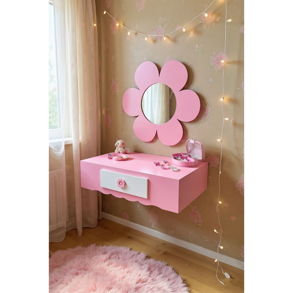 Penteadeira suspensa escrivaninha infantil com espelho formato de flor em MDF