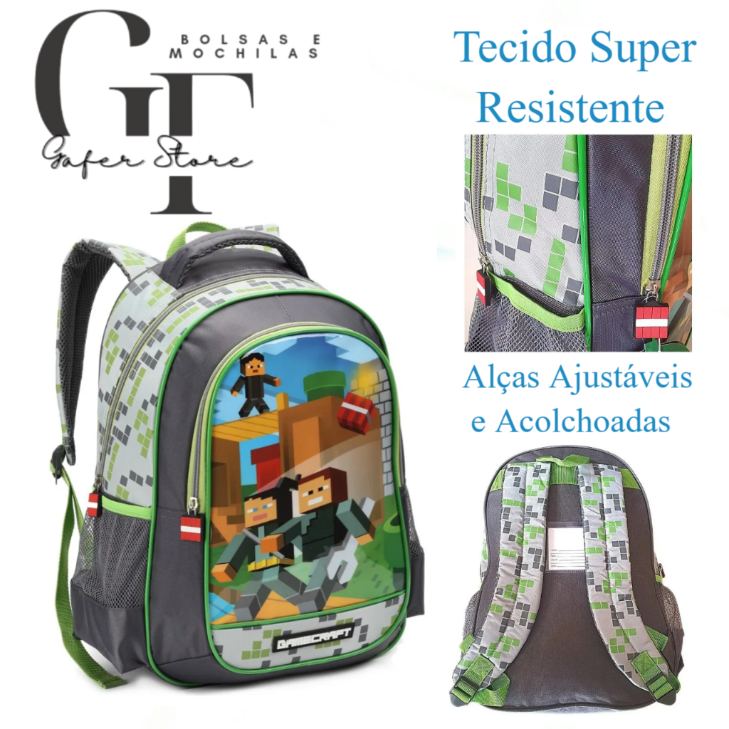 Mochila Costas Grande Infantil Masculina Game Minicraft Tnt Aventureiros Cor cinza