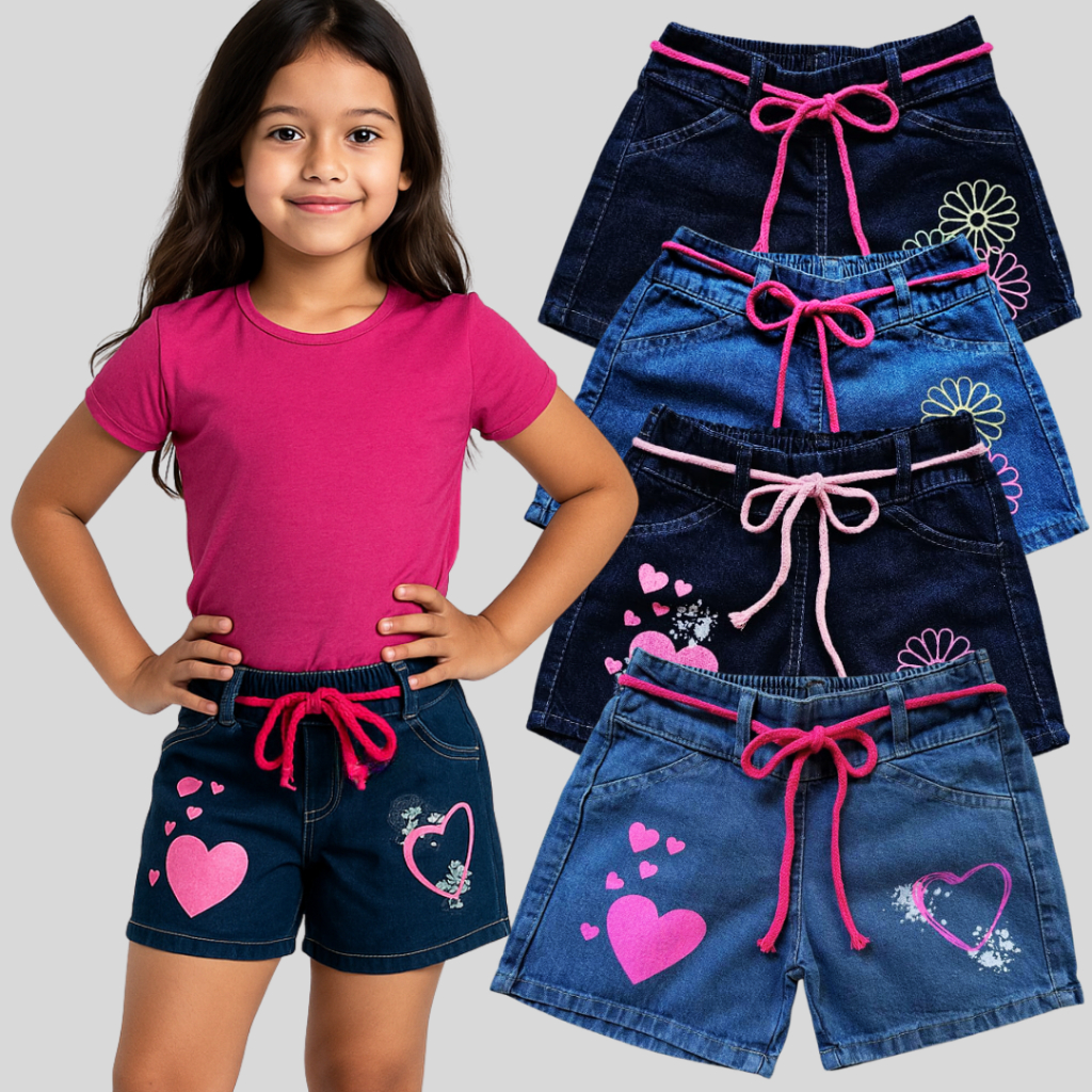 SHORTS JEANS INFANTIL JUVENIL MENINA COM ESTAMPA MODINHA 6 AOS 10 ANOS PRIMAVERA VERÃO