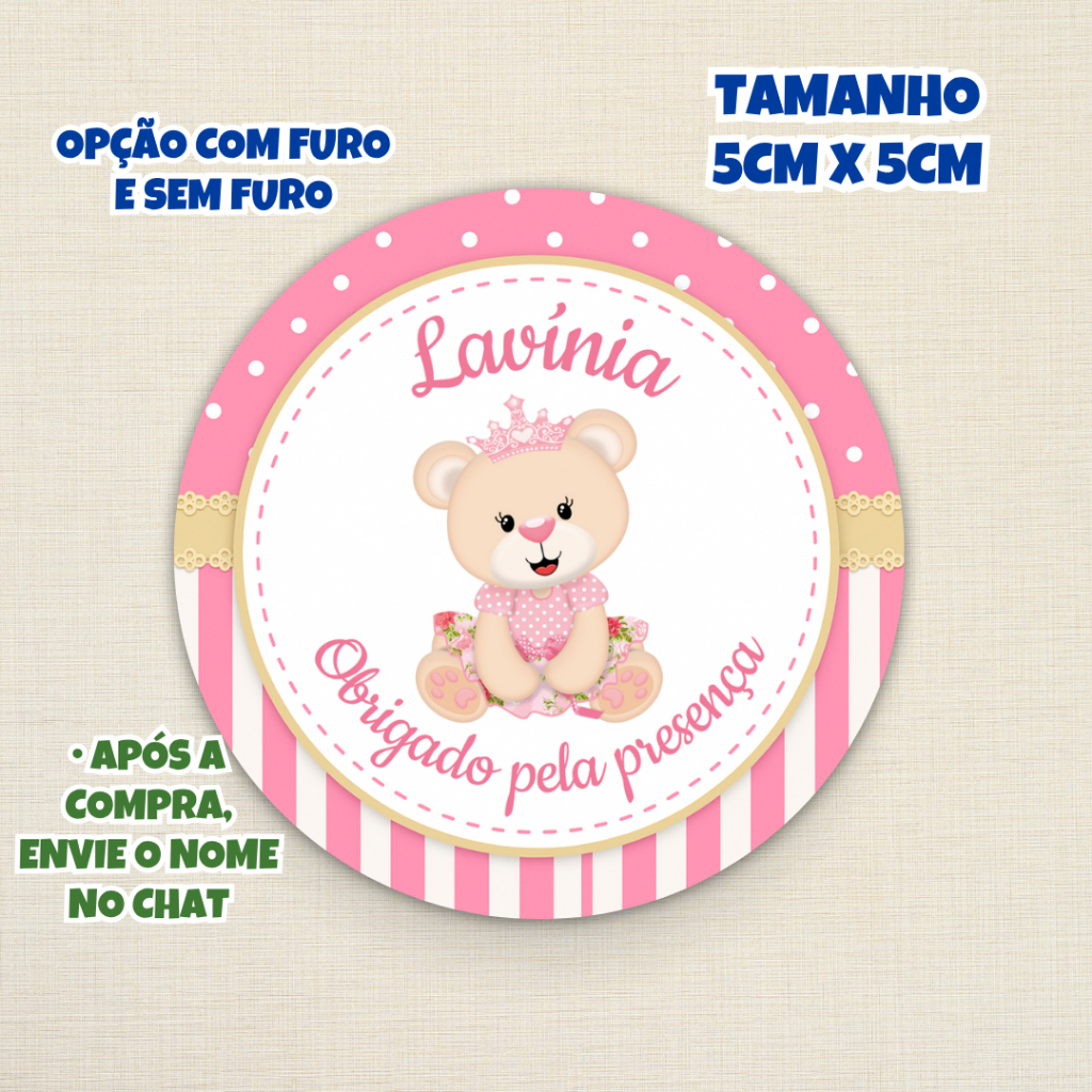 Tag 5cm Chá de Bebê Ursinha Princesa Personalizada Lembrancinha | Obrigada pela presença