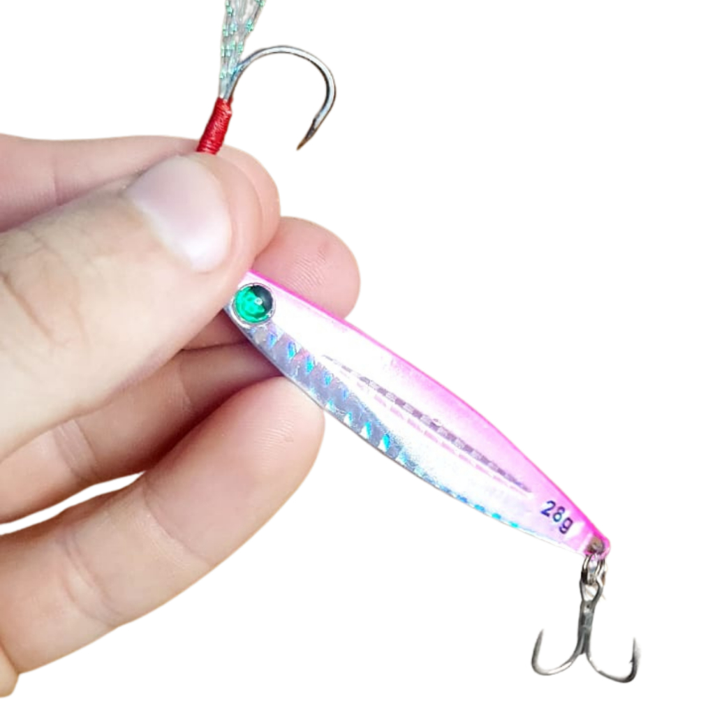 Isca Artificial Jig 21g - Rosa com Brilho Holográfico - Anzol Triplo (Garatéia) e Suporte Hook (Anzol Assistente)