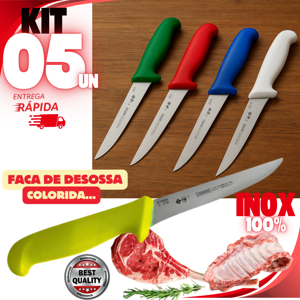 Jogo 5 Faca de Desossa Aço Inox Profissional 6" Açougue Cabo colorido, Churrascaria Restaurante