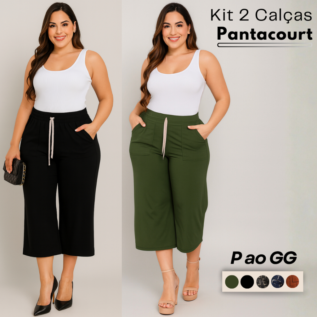 Kit 2 Calça Feminina Pantacourt Tecido Viscolycra Social Casual Cintura Alta em Oferta na Shopee