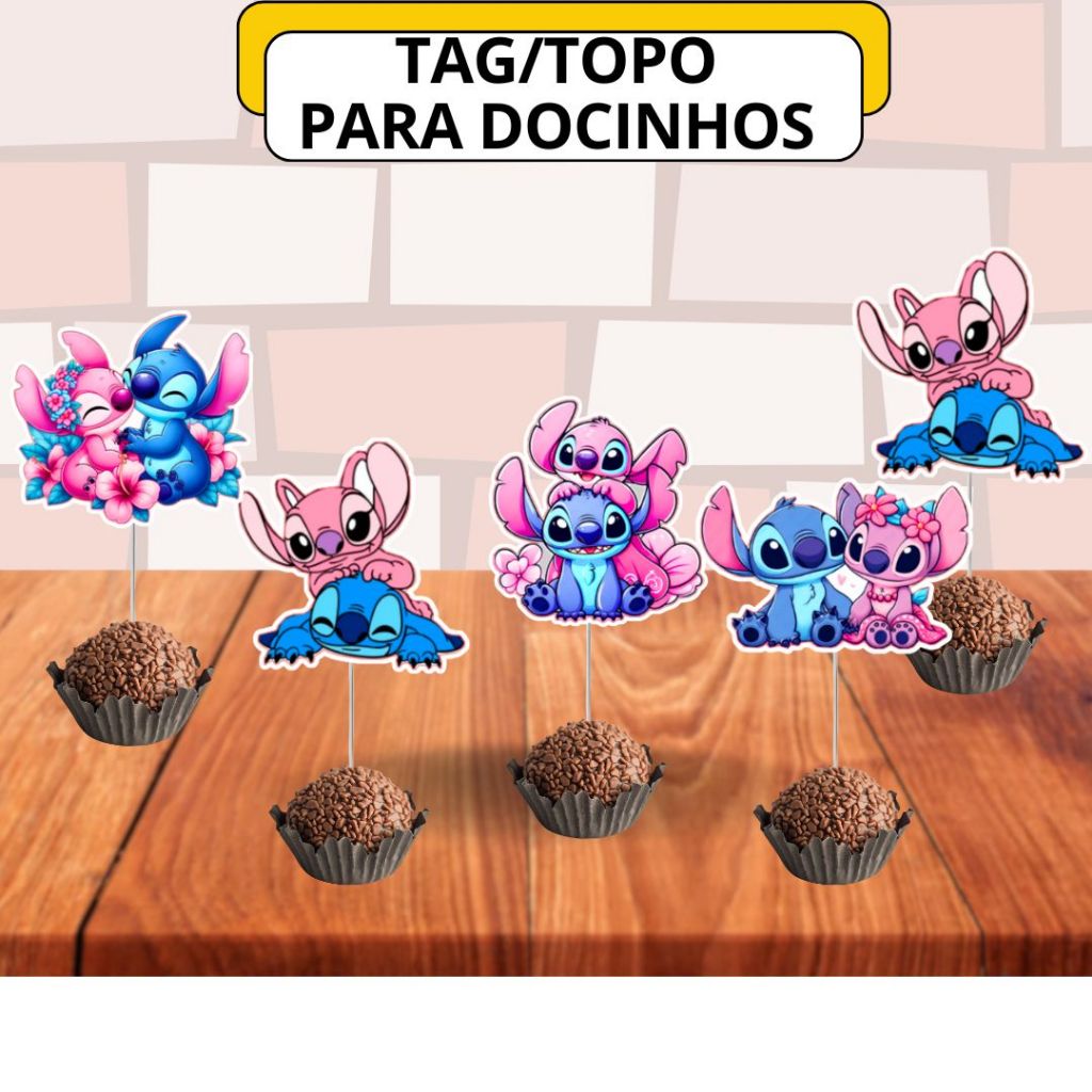 50 Tag Topo Para Brigadeiro Beijinho e Doces Stitch e Angel, Aniversário Festa Infantil Decoração