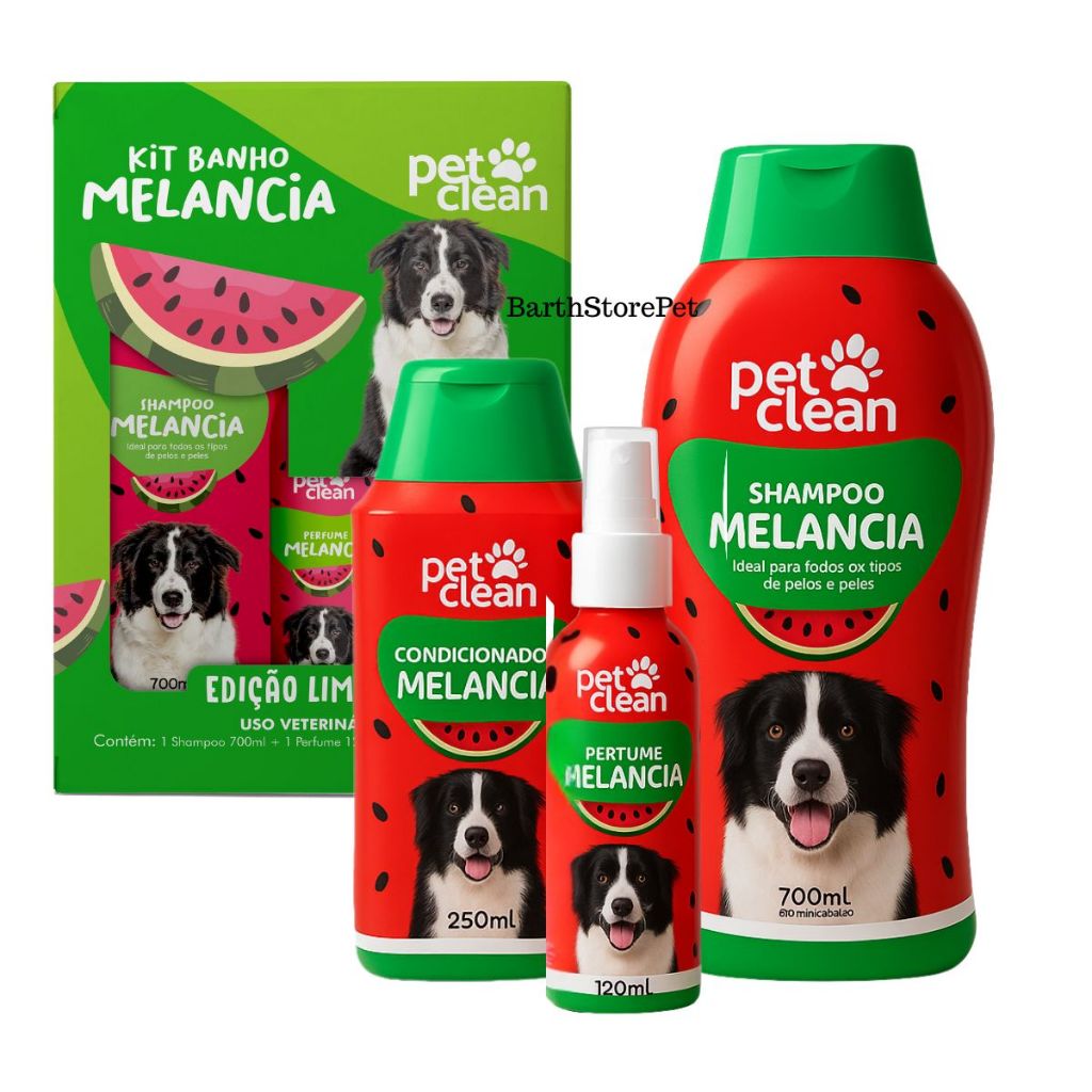 Pet Clean Kit Banho Melancia para Cães Shampoo 700ml + Condicionador 250ml + Perfume 120ml em Oferta na Shopee
