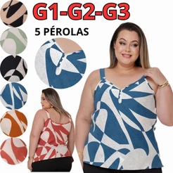 Blusinha Regata Feminina Tecido Duna Leve Elegante Verão Estampada com Pérolas Plus Size Blusa Casual G1 G2 G3