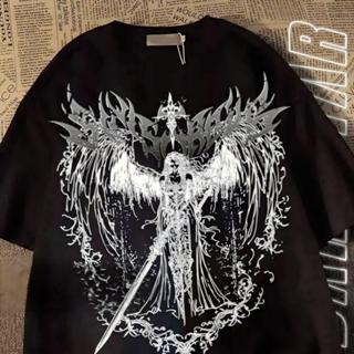 Camiseta Preta Oversized de Algodão Unisex, Estampa de Anjo de Metal Gótico, Moda Urbana Alternativa e Dark em Oferta na Shopee