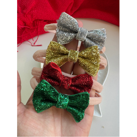 Kit 4 Tiaras/Faixinhas de Cabelo para Bebê Recém-Nascido - Laços de Natal e Ano Novo em Meia de Seda