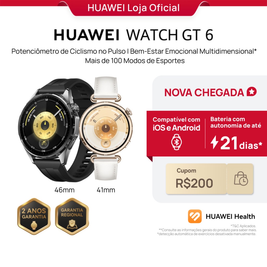 HUAWEI WATCH GT 6 Séries | Smartwatch Relogio | Potenciômetro de Ciclismo no Pulso | GPS Integrado