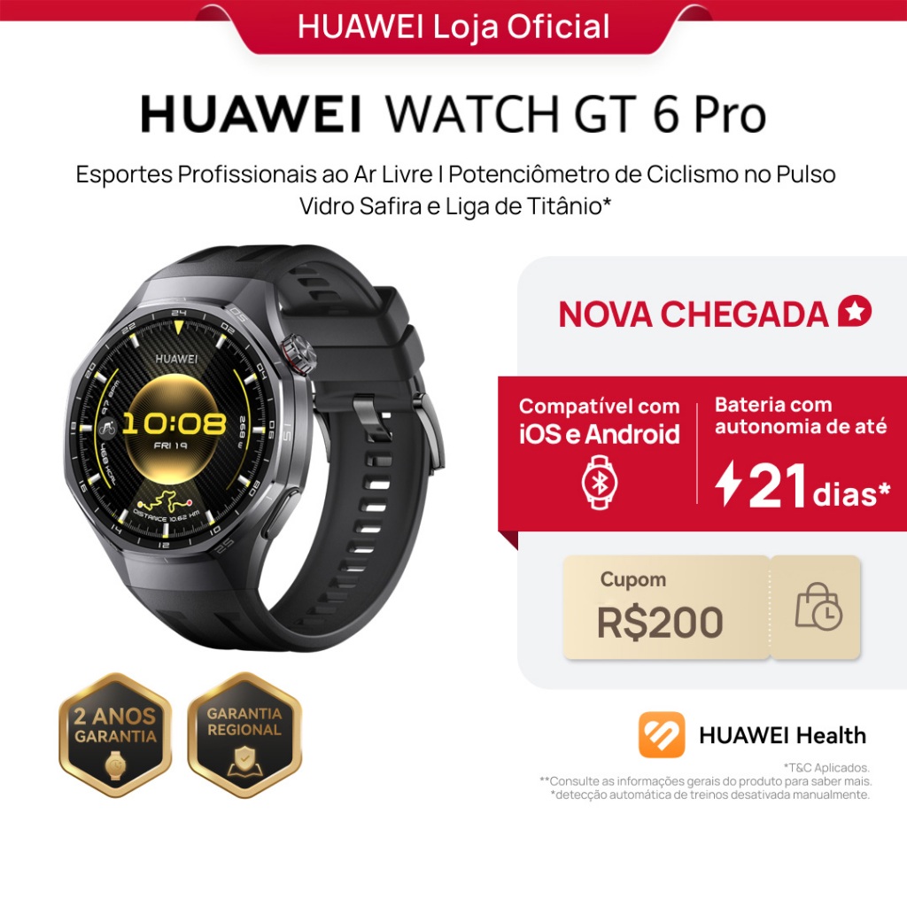 HUAWEI WATCH GT 6 Pro 46mm | Smartwatch Relogio | Vidro Safira e Liga de Titânio | GPS Integrado