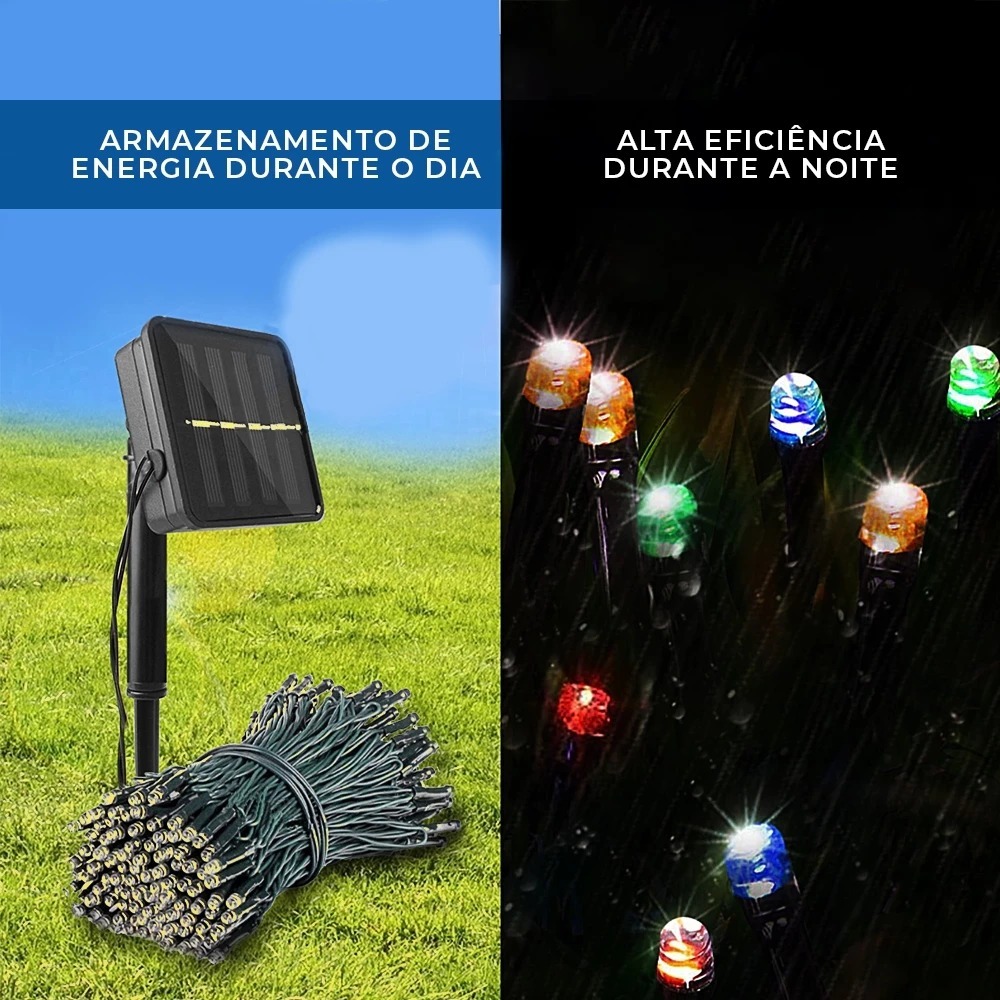 Corda de luz LED solar, 100/200 lâmpadas coloridas/douradas, 20 metros/10 metros
