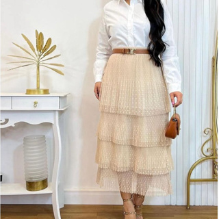 Saia 4 Camadas Tule Plissada Babados em Oferta na Shopee