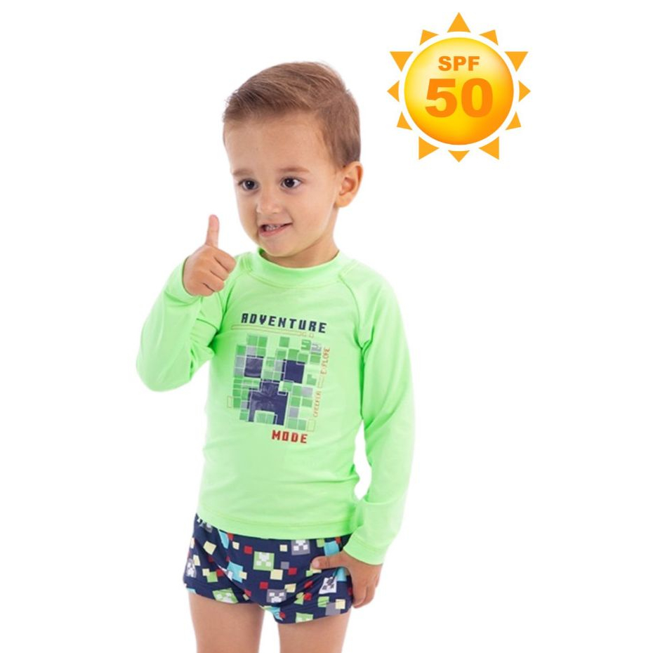 Conjunto Infantil Menino uv de Praia com Proteção Solar 50+ Minecraft camiseta