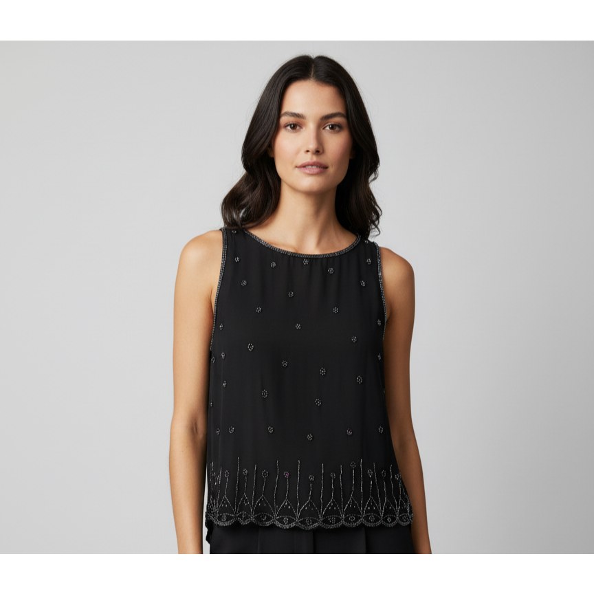 roupa - Blusa preta com aplicações transparente marca emme natal brechó bazar garimpo