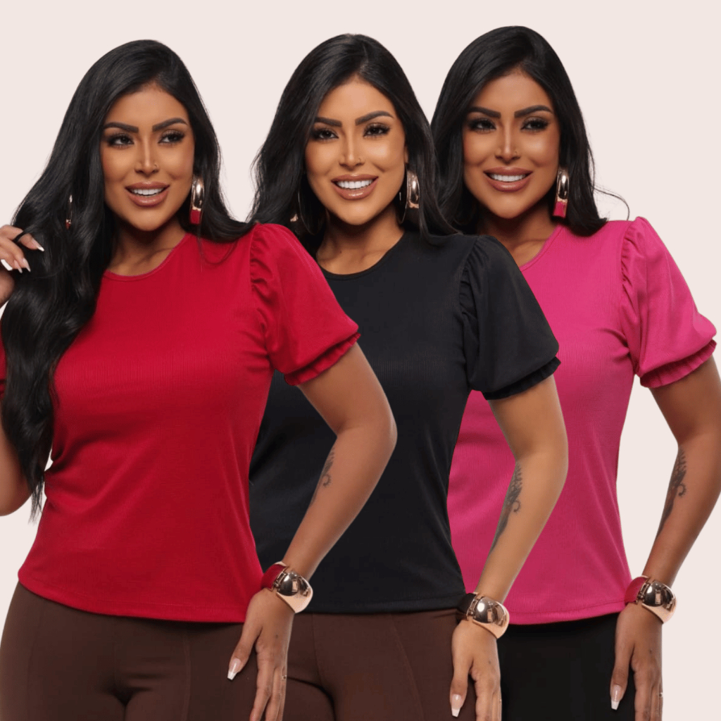 Kit com 3 Blusas Femininas Ribana Gola O Manga Bufante Roupa Casual Tecido de Qualidade